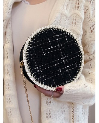 Plaid Pattern Chain Round Shoulder Bag - Black