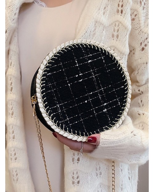 Plaid Pattern Chain Round Shoulder Bag - Black