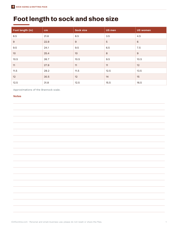 Preview of Printable Foot Length Size Chart